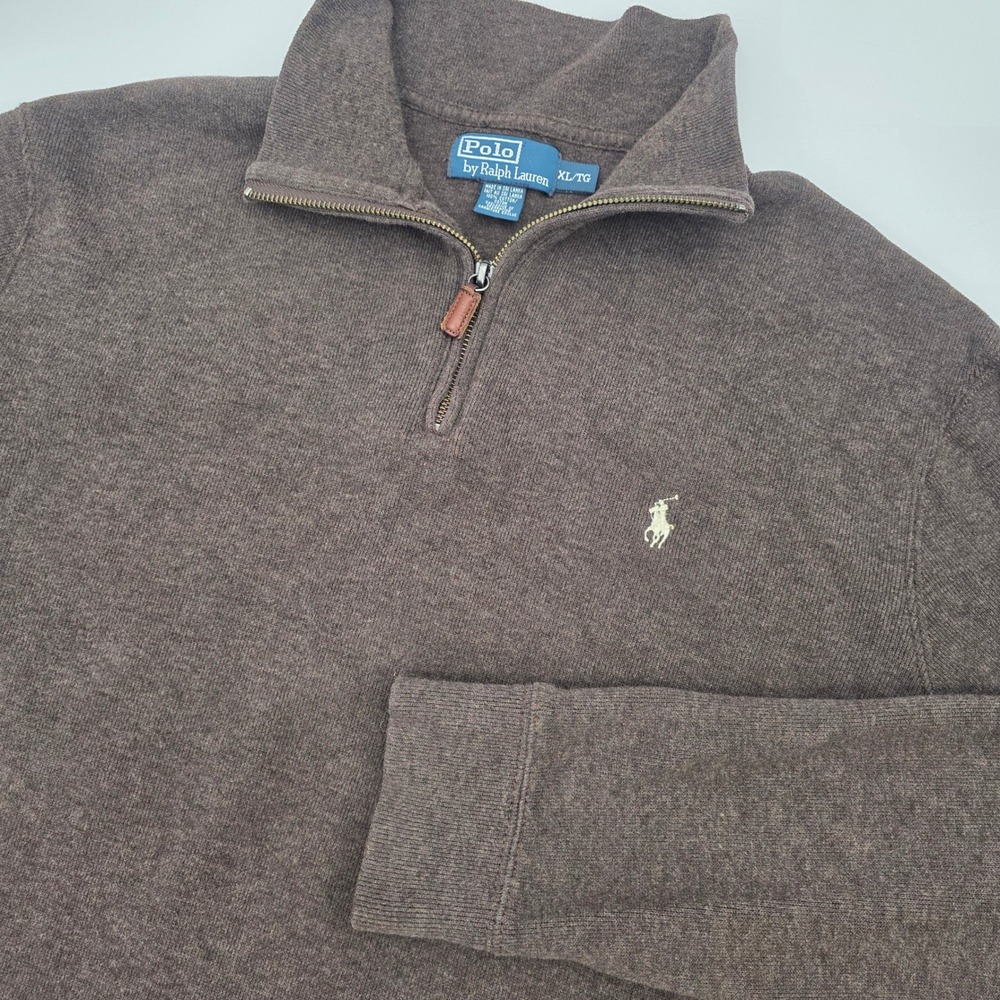 POLO RALPH LAUREN 1/4 ZIP SWEATER MENS XL BROWN TAN PONY EMBROIDED VINTAGE 90S